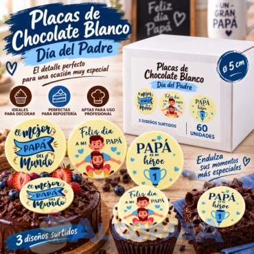 PLACA CHOCO. BLANCO "FELIZ PAPA" 5cm (CAJA 60Uds)