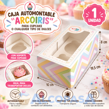 CAJA PARA 2 CUPCAKES "ARCOIRIS" (Ud)
