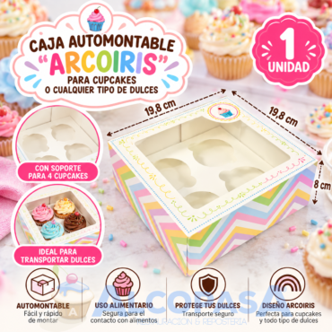 CAJA PARA 4 CUPCAKES "ARCOIRIS" (Ud)