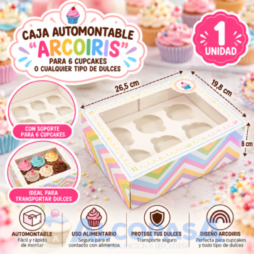 CAJA PARA 6 CUPCAKES "ARCOIRIS" (Ud)