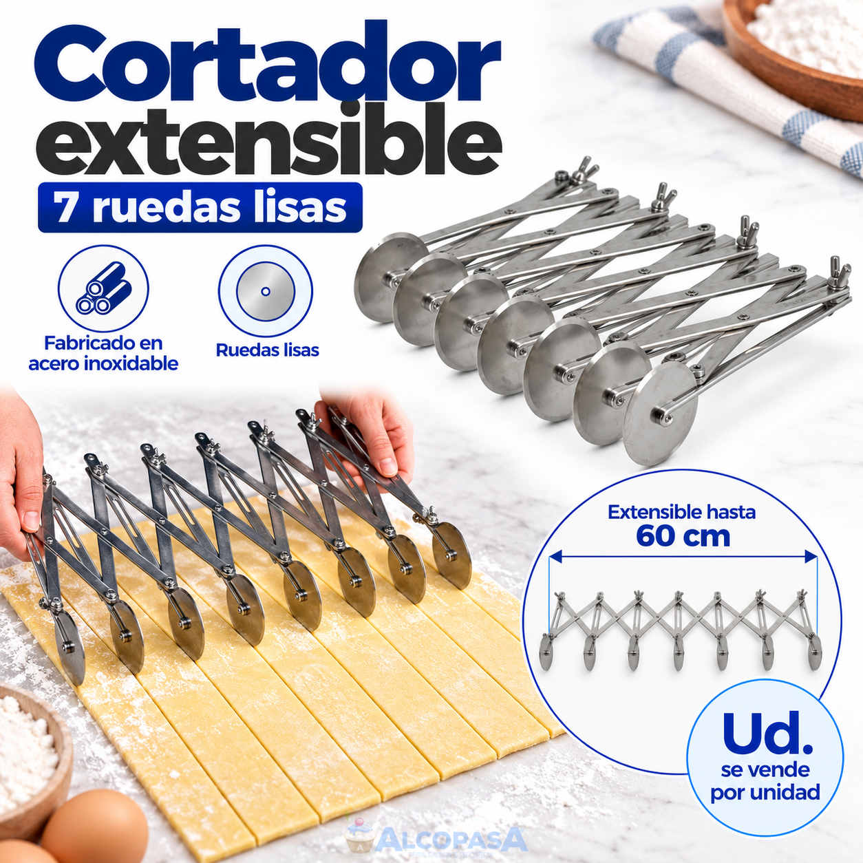 CORTADOR EXTENSIBLE INOX. LISO "7 RUEDAS" (Ud)