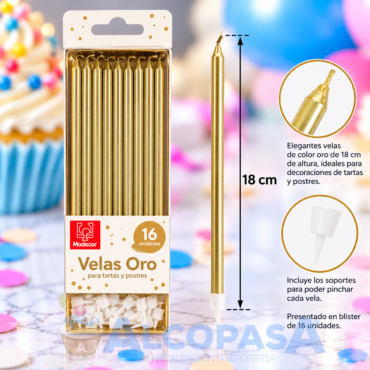VELAS ORO EXTRA LARGA 18cm (BLISTER 16Uds)