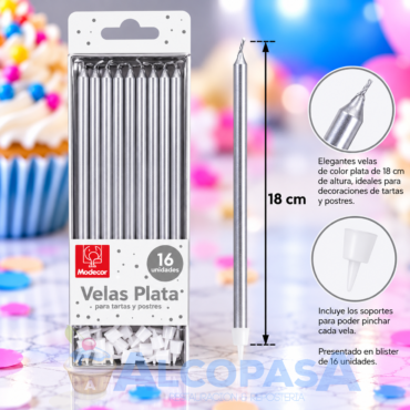 VELAS PLATA EXTRA LARGA 18cm (BLISTER 16Uds)