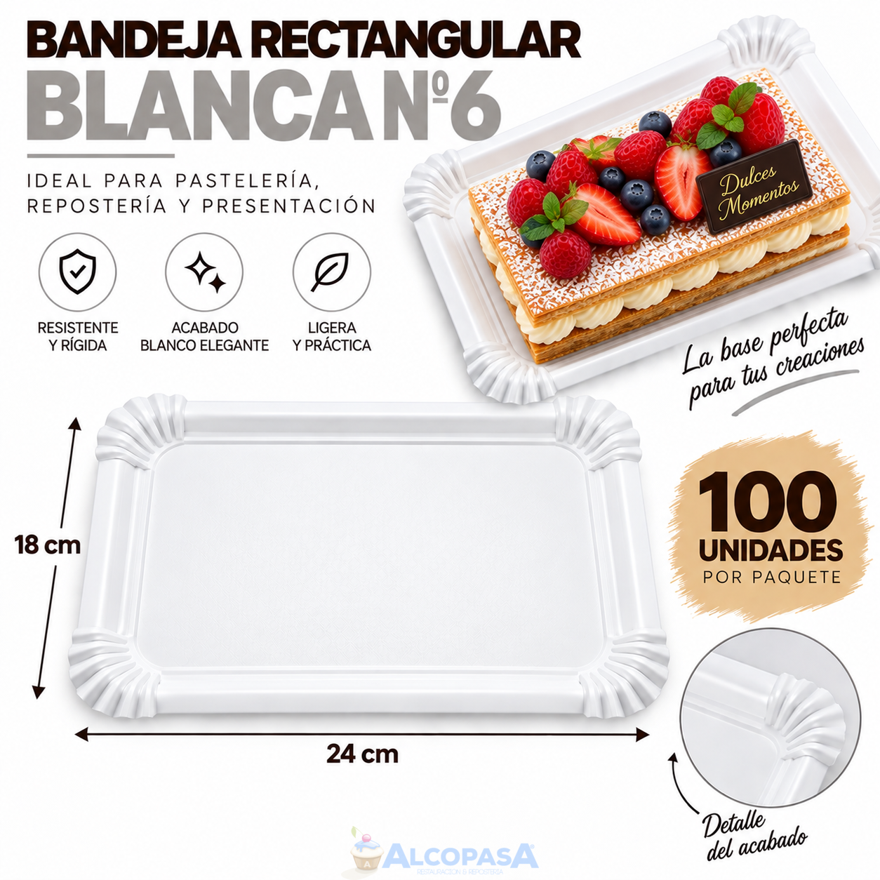 BANDEJAS RECTANGULARES BLANCAS Nº6 18X24 (100 Uds)