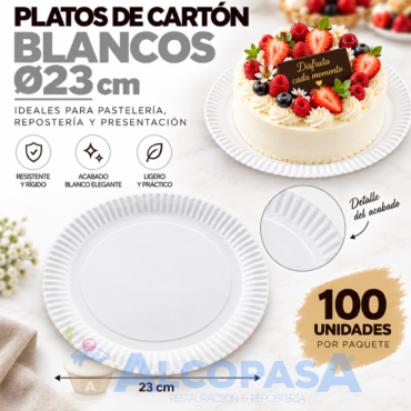 PLATOS BLANCOS DE CARTÓN Ø23CM (100 Uds)