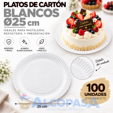 PLATOS BLANCOS DE CARTÓN Ø25CM (100 Uds)