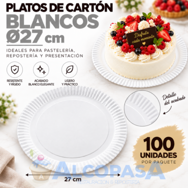 PLATOS BLANCOS DE CARTÓN Ø27CM (100 Uds)
