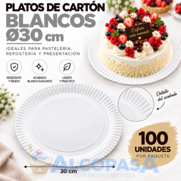 PLATOS BLANCOS DE CARTÓN Ø30CM (100 Uds)