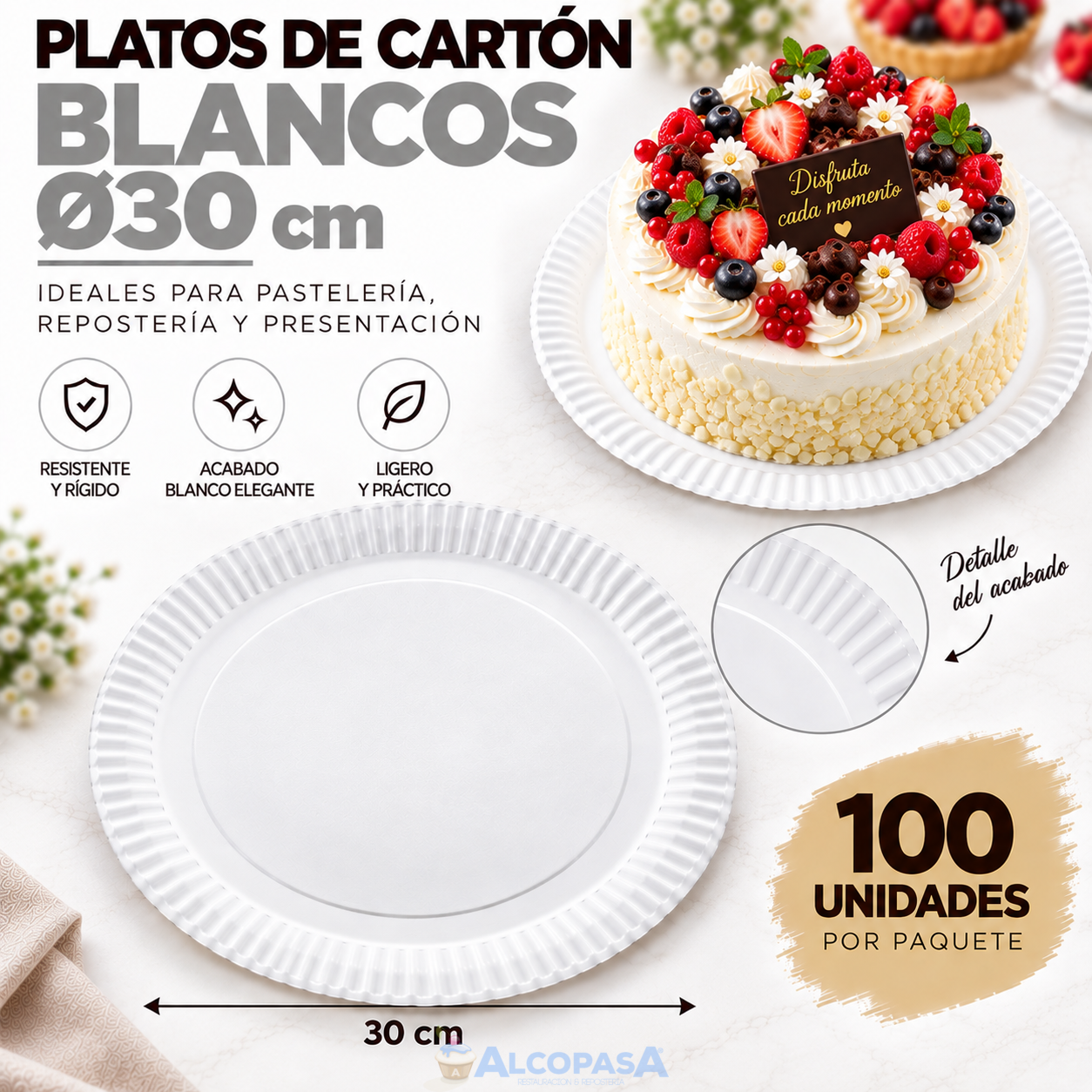 PLATOS BLANCOS DE CARTÓN Ø30CM (100 Uds)