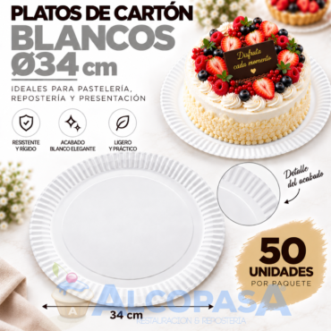 PLATOS BLANCOS DE CARTÓN Ø34CM (50 Uds)