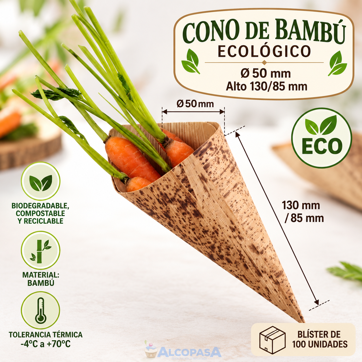 CONO DE BAMBÚ Ø5x13/9cm (BLISTER 100Uds)