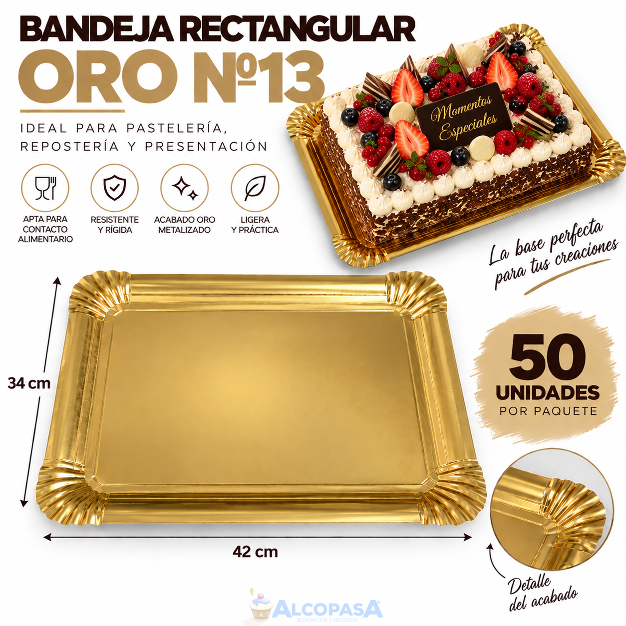 BANDEJAS RECTANGULARES ORO Nº13 34X42 (50Uds)