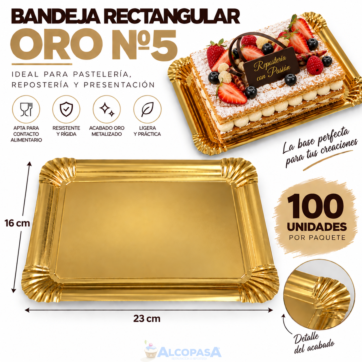 BANDEJAS RECTANGULARES ORO Nº5 16X23 (100Uds)