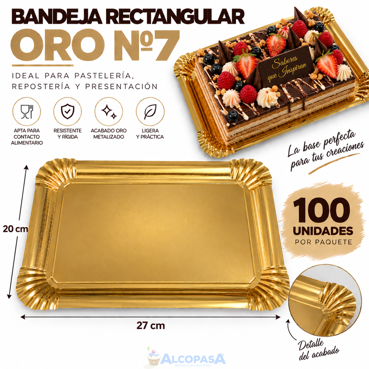 BANDEJAS RECTANGULARES ORO Nº7 20X27 (100Uds)