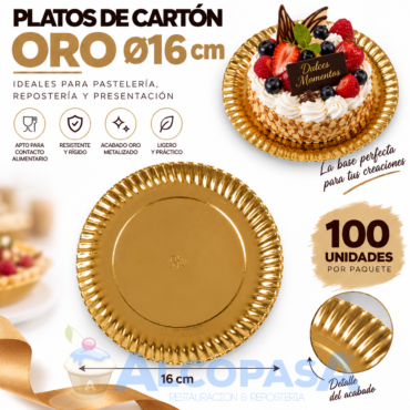 PLATOS ORO DE CARTÓN Ø16cm (PAQUETE 100Uds)