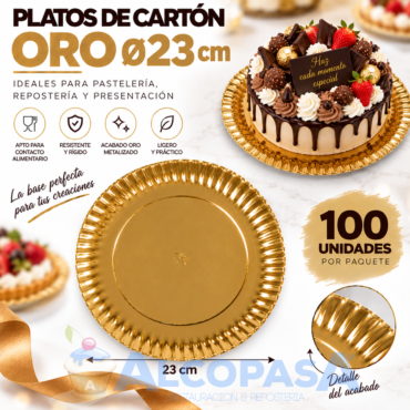 PLATOS ORO DE CARTÓN Ø23CM (100 Uds)