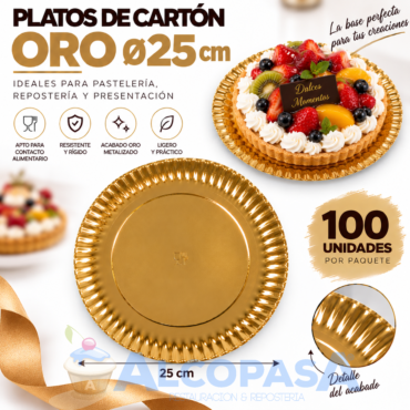 PLATOS ORO DE CARTÓN Ø25CM (100 Uds)
