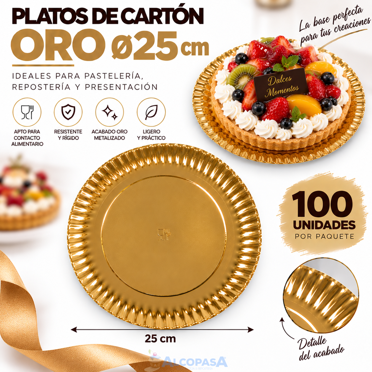 PLATOS ORO DE CARTÓN Ø25CM (100 Uds)