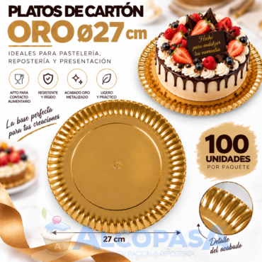 PLATOS ORO DE CARTÓN Ø27CM (100 Uds)