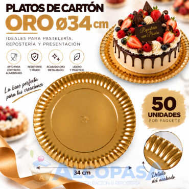 PLATOS ORO DE CARTÓN Ø34CM (50 Uds)