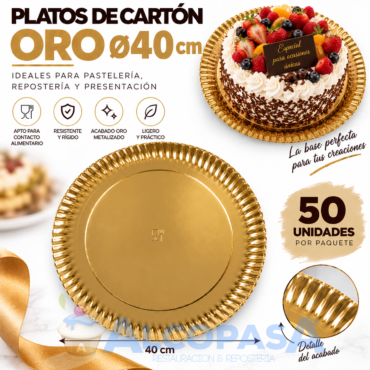 PLATOS ORO DE CARTÓN Ø40cm (50 Uds)