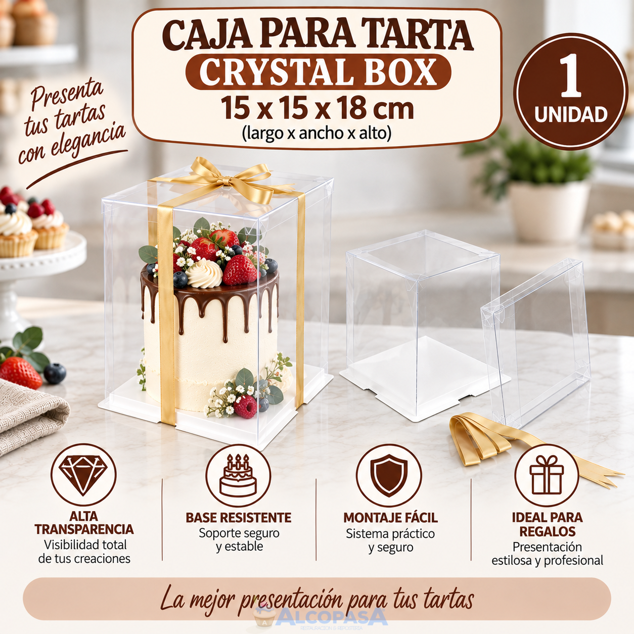 CAJA PARA TARTA "CRYSTAL BOX" 15x15x18cm (Ud)