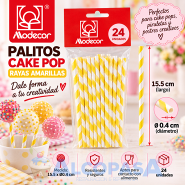 PALITOS CAKE POP "ESPIRAL AMARILLO" (BOLSA 24Uds)
