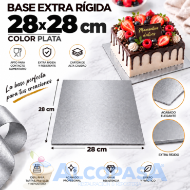 BASE DE CARTÓN PLATA EXTRA RÍGIDA 28x28cm (Ud)