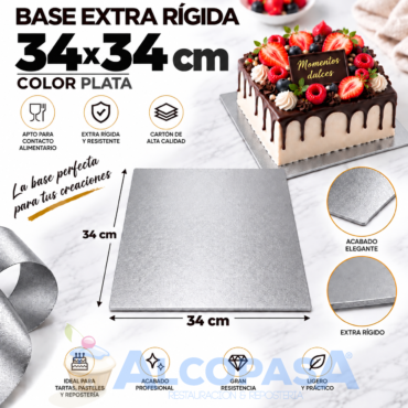 BASE DE CARTÓN PLATA EXTRA RÍGIDA 34x34cm (Ud)