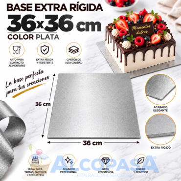 BASE DE CARTÓN PLATA EXTRA RÍGIDA 36x36cm (Ud)