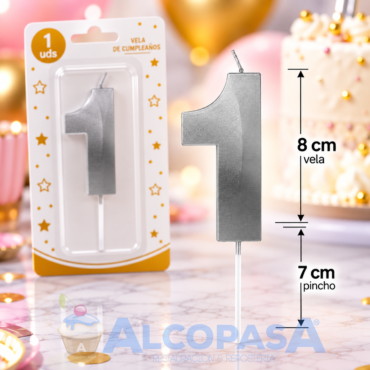 VELA PLATEADA 8cm Nº1 "ARTI" (Ud)