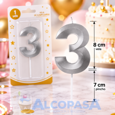 VELA PLATEADA 8cm Nº3 "ARTI" (Ud)
