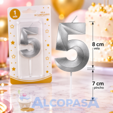 VELA PLATEADA 8cm Nº5 "ARTI" (Ud)