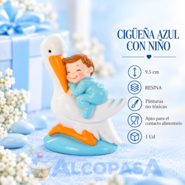 CIGUEÑA AZUL CON NIÑO 9.5cm. (Ud)