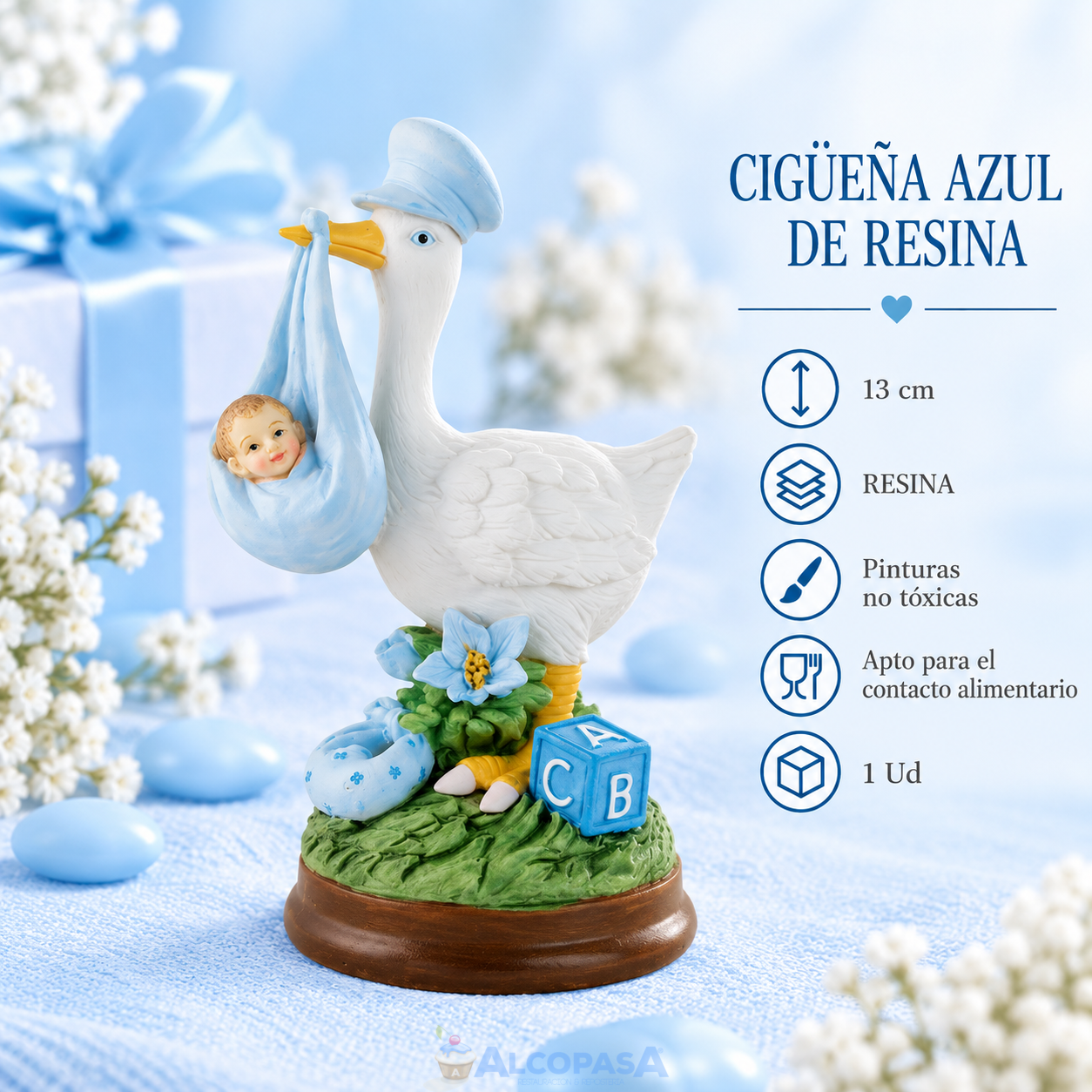 CIGUEÑA CELESTE RESINA 13 CMS (Ud)