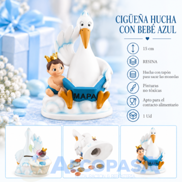 CIGÜEÑA - HUCHA CON BEBÉ AZUL 15cm (Ud)