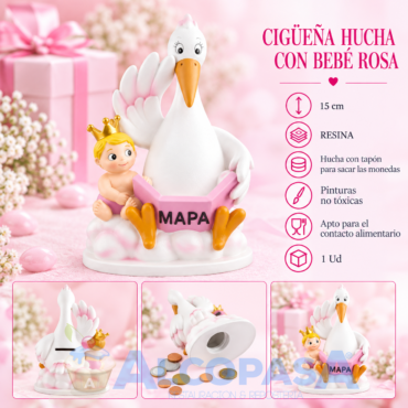 CIGUEÑA - HUCHA CON BEBÉ ROSA 15cm (Ud)