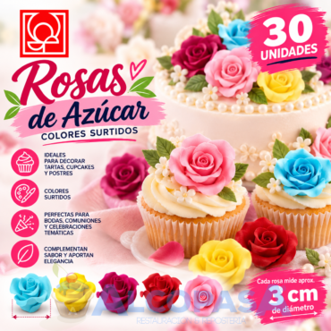 ROSAS DE AZÚCAR COLORES SURTIDOS 3cm (CAJA 30Uds)
