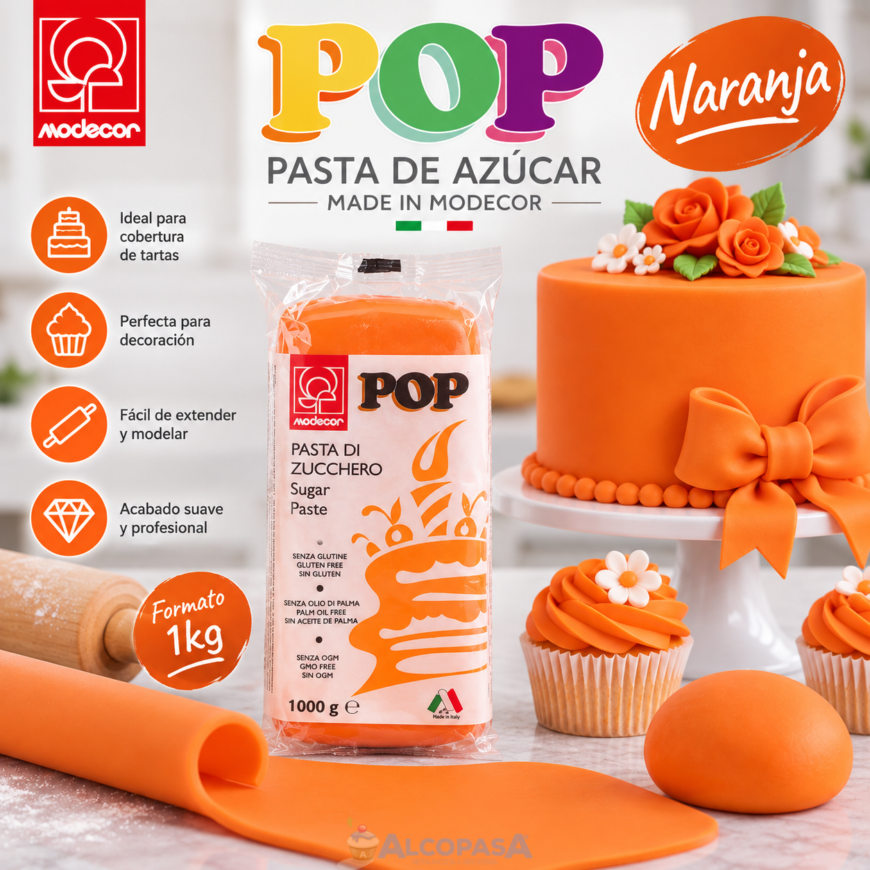 FONDANT NARANJA POP (BLOQUE 1Kg)