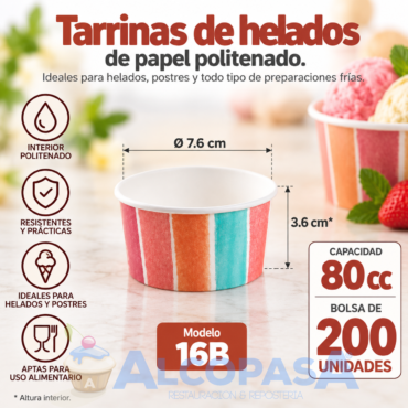 TARRINAS 16B HELADOS PAPEL POLITENADO 80cc (200Uds)