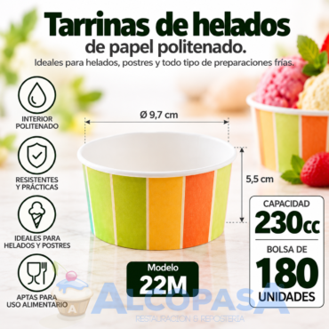 TARRINAS 22M HELADOS PAPEL POLITENADO 230cc (180Uds)