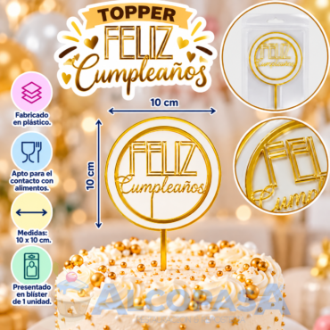 TOPPER "FELIZ CUMPLEAÑOS ORO/BLANCO" (Ud)