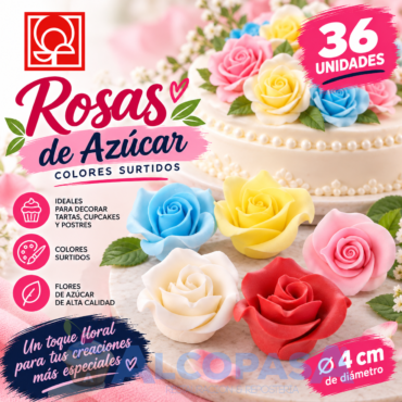 ROSAS DE AZÚCAR COLORES SURTIDOS 4CM (CAJA 36Uds)