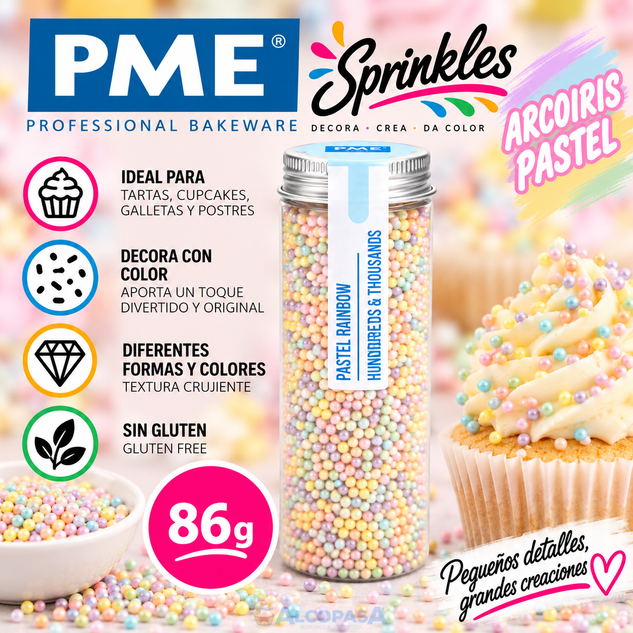 MINI PERLAS-SPRINKLES PME ARCOIRIS PASTEL(BOTE 86g)