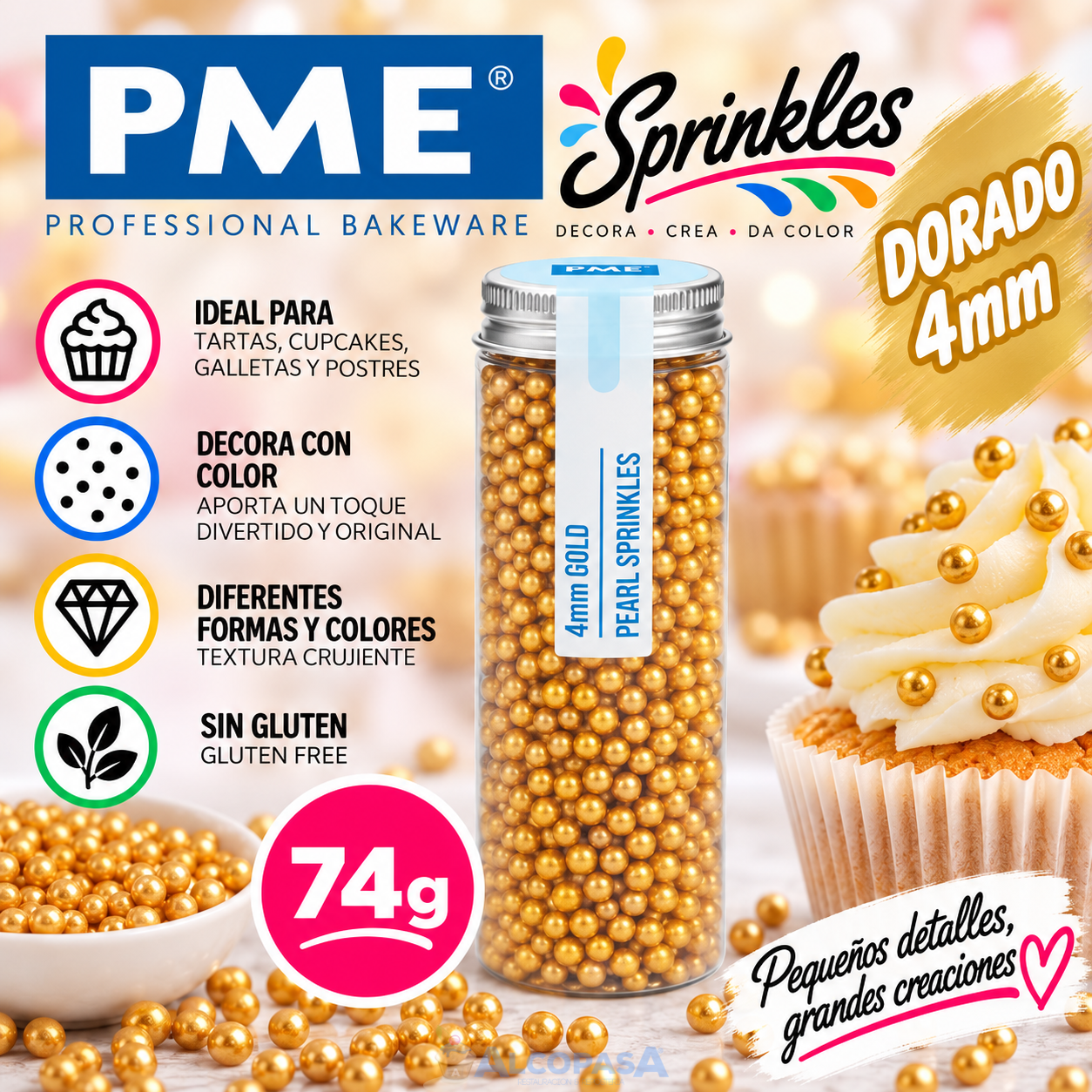 PERLAS - SPRINKLES PME DORADO 4mm (BOTE 74g)