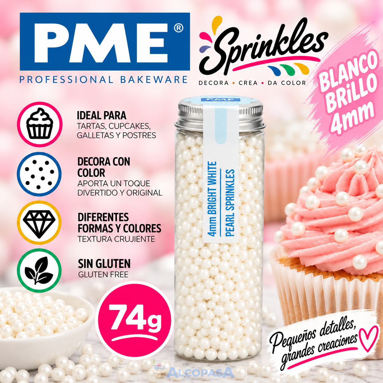 PERLAS - SPRINKLES PME BLANCO BRILLO 4mm(BOTE 74g)