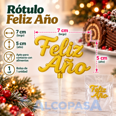 ROTULO DORADO C/PINCHO FELIZ AÑO 5x7cm (Ud)
