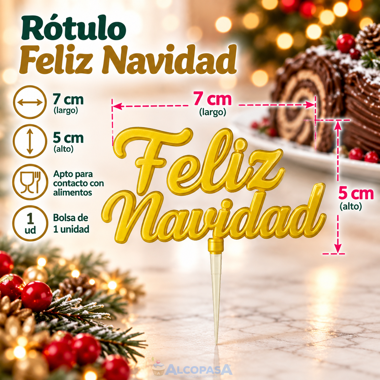 ROTULO DORADO C/PINCHO FELIZ NAVIDAD 5x7cm (Ud)