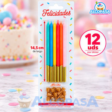 VELAS LARGAS DE COLORES + PORTAVELA 14,5cm (12Uds)